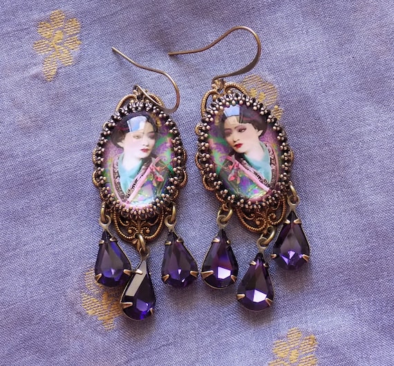 Geisha Cameo Earrings: Boho Art Jewelry with Purple Rhinestones