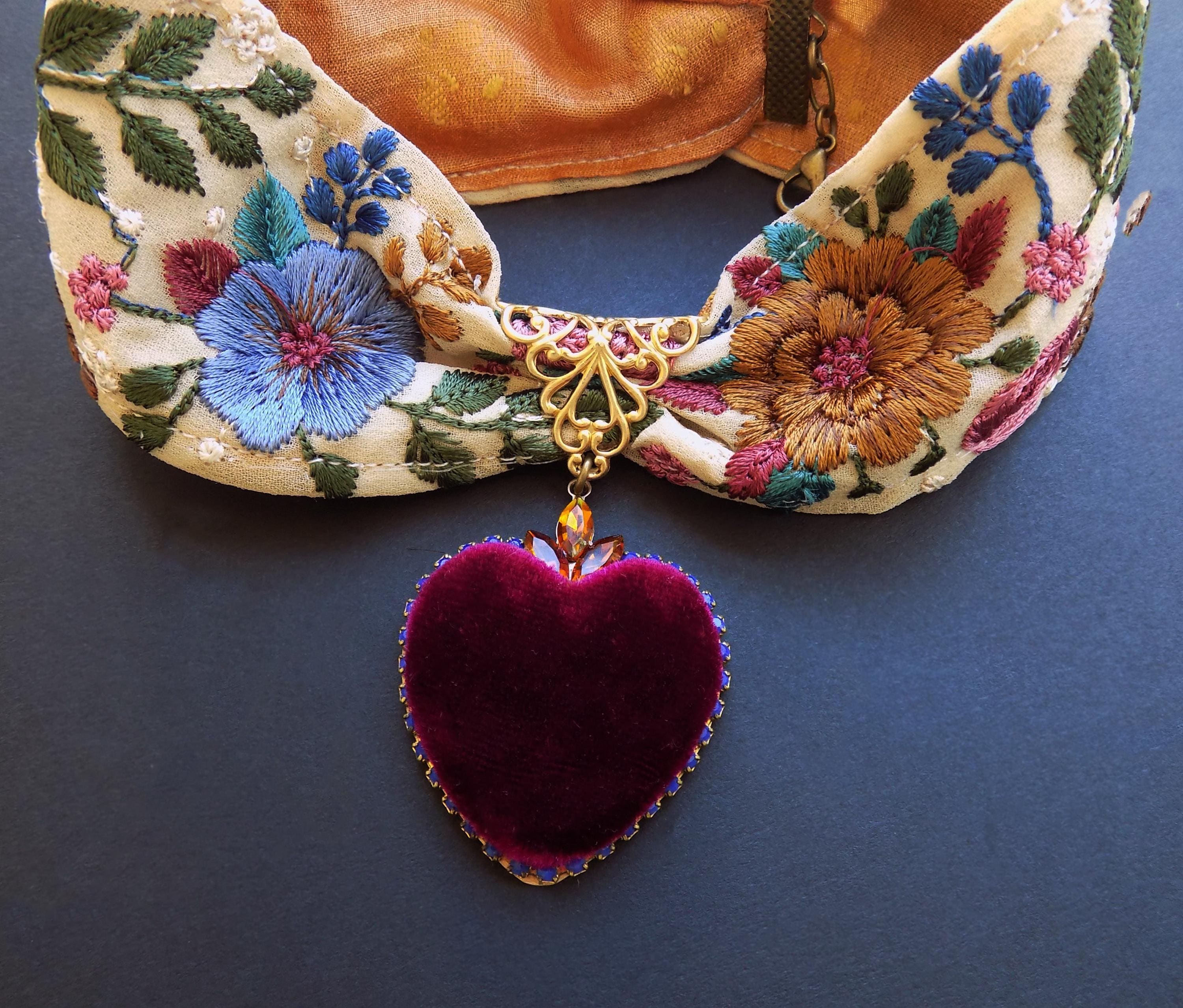 Baroque choker, EARTHY tones, Magenta, Blue, silk velvet, embroidered ribbon,high quality,unique design, boho wedding, something blue