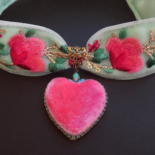 Embroidered Rococo Choker: Silk Velvet Heart, Wide Ribbon, Boho Wedding