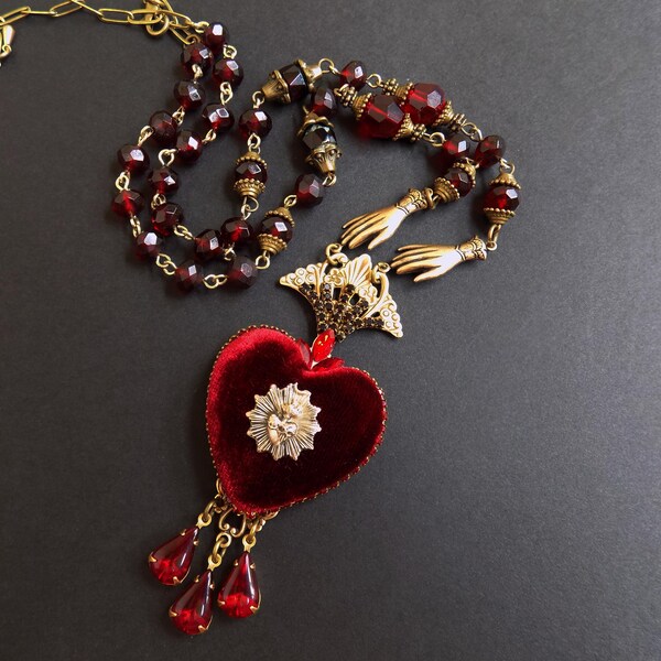 One of a Kind Ex Voto Heart Necklace with Garnet Glass Bead Chain