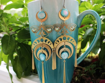 Moon earrings, butterfly, mother of pearl, abalone moon, tribal style, celestial earrings, moth earrings, boho style, seventies style