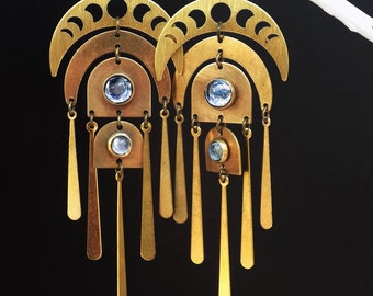 Moon Earrings, Light sapphire, moon phase, 1970s Boho, art Deco, Art Nouveau, Lightweight earrings, shoulder duster, Boho earrings