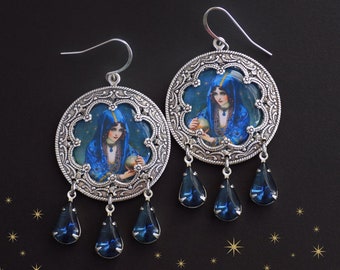 Fortune teller earrings, antique silvertone, petrol blue, vintage image, art jewelry, art earrings, painted caravan, blue and silver