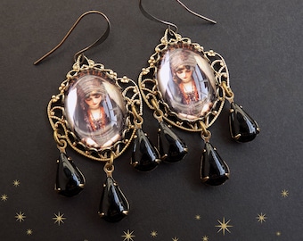 Fortune teller earrings, vintage art, black and copper, onyx drops, witchy earrings, pagan earrings, tarot earrings, fun and unique