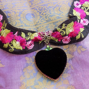 Couture choker, LARGE silk velvet heart, sumptuous embroidery, black pink green, limited edition, goth wedding, unique style, made to ORDER