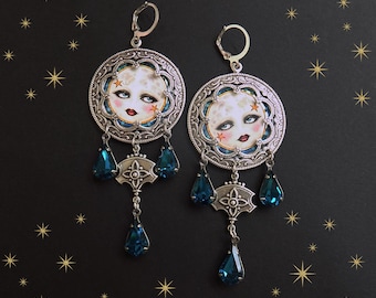 Clara Bow Moon Earrings with Peacock Blue Glass Drops, Celestial Art Deco Statement Earrings