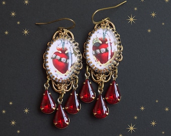 Immaculate heart, Sacred heart, Catholic jewelry, Seven sorrows, Earrings, red heart earrings, heart earrings, vintage drops