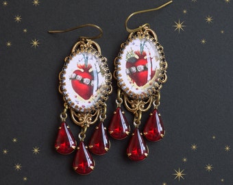 Cuore immacolato, Sacro cuore, Gioielli cattolici, Sette dolori, Orecchini, Orecchini a cuore rosso, Orecchini a cuore, Gocce vintage