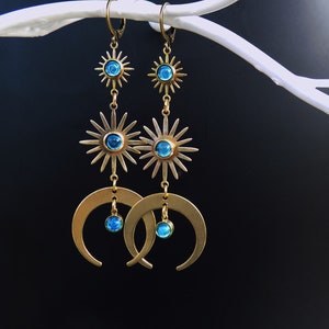 Sun Moon Earrings, Aqua blue lightweight, celestial, long, bohemian earrings, elegant, 1970s style, hand soldered, unique design