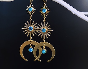 Sun Moon Earrings, Aqua blue lightweight, celestial, long, bohemian earrings, elegant, 1970s style, hand soldered, unique design