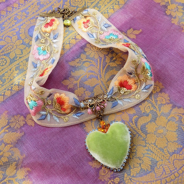 Baroque choker, EARTHY tones, spring green, silk velvet, embroidered ribbon,high quality,unique design, boho wedding, something blue