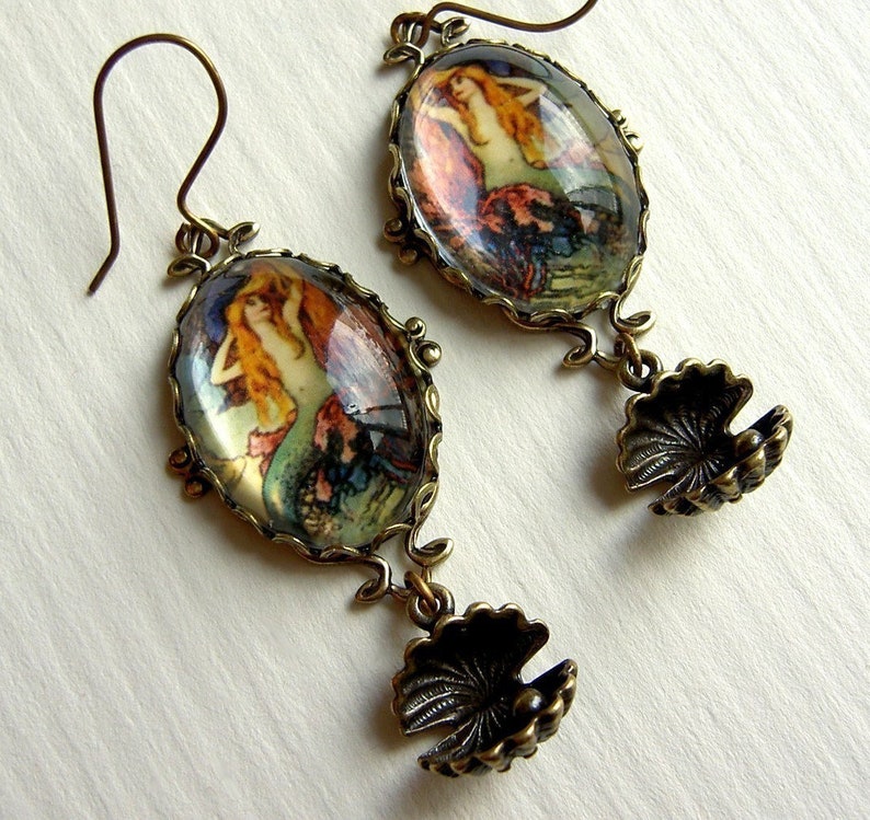 Oyster and pearl charm colorful mermaid gift for her redhead jewelry Mermaid earrings unusual gift vintage image vintage mermaid
