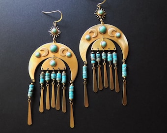Celestial Turquoise Earrings, Hand Soldered Brass Moon Statement Earrings