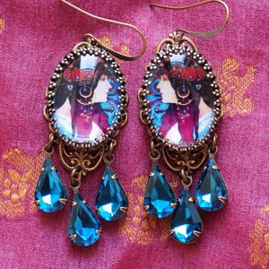 Art Nouveau, Byzantine Head, deep burgundy, rich peacock, art earrings, blue drops, purple blue, art jewelry, mucha painting, Nouveau gift