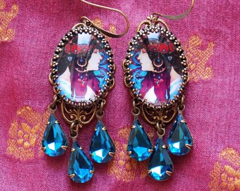 Art Nouveau, Byzantine Head, deep burgundy, rich peacock, art earrings, blue drops, purple blue, art jewelry, mucha painting, Nouveau gift