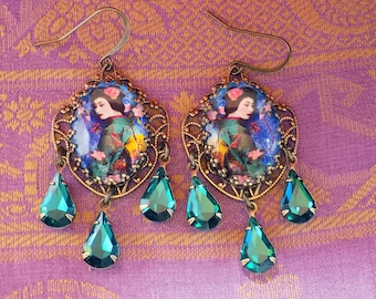Geisha Earrings - Geisha Jewelry - Boho Earrings - Gypsy jewelry - Urban Gypsy - Art Earrings - Cameo - gift jewelry - emerald green