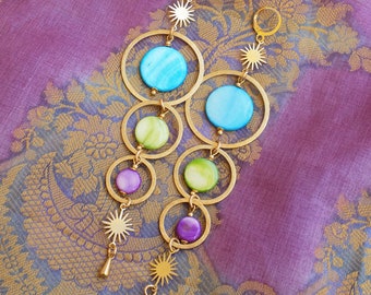 Statement earrings, hammered rings, mother of pearl, spring colors, moon and sun, turqhoise purple, purple, green, long earrings, elegant