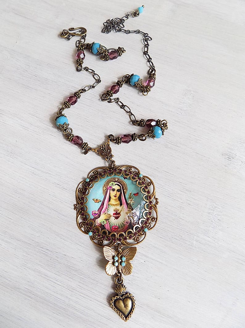 Boho Necklace Gypsy Jewelry Mary Necklace Catholic Jewelry Mary Pendant Necklace ex voto Turquoise Gypsy Necklace Blessed Mother