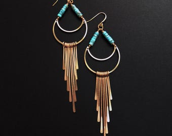Turquoise Fringe Earrings, Lightweight 4 Inch Brass Statement Earrings