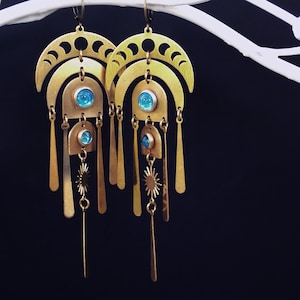 Moon Phase Earrings: Aqua Blue Glass, Raw Brass Boho Dusters