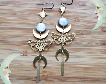 Moon earrings, butterfly, abalone jewelry, abalone moon, tribal style, celestial earrings, moth earrings, boho style, seventies style