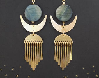 Moon earrings, Mother of Pearl, Soft blue moon, hammered fringe, fringe earrings, long earrings, lightweight, sun moon, 5 inches long