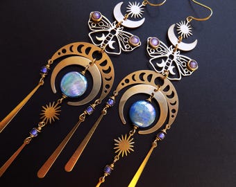 Lunar Moth Moon Phase Earrings with Mexican Glass Opal and Mother of Pearl