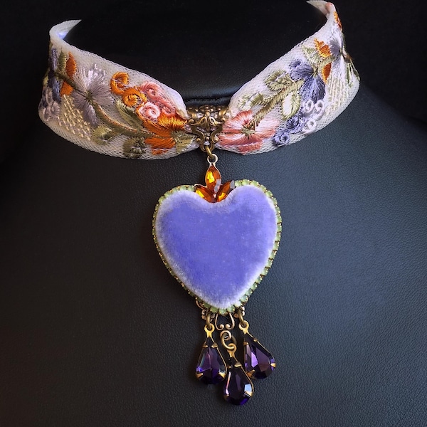 Violet Velvet Heart Choker with Purple Drops and Embroidered Ribbon