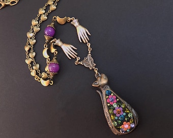 Jeweled Cat Necklace with Flowers, Moons and Hearts, Bronze Statement Pendant