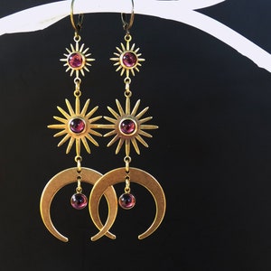 Sun Moon Earrings, plum purple, lightweight, celestial, long, bohemian earrings, elegant, 1970s style, hand soldered, unique design