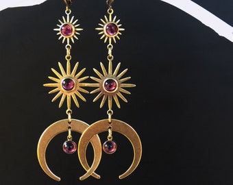 Sun Moon Earrings: Plum Purple Amethyst, Long Celestial Brass Earrings