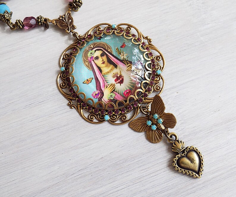 Boho Necklace Gypsy Jewelry Mary Necklace Catholic Jewelry Mary Pendant Necklace ex voto Turquoise Gypsy Necklace Blessed Mother