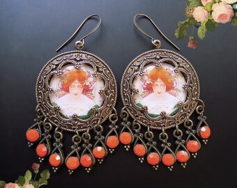 Art Nouveau, Belle Epoch, redhead, orange earrings, Boho earrings, Boho earrings, statement jewelry, art to wear, unique gift, long earring