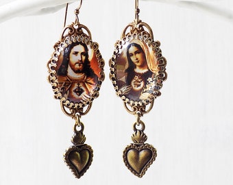 Gothic earrings, Jesus and Mary, Sacred heart earrings, Immaculate art, Catholic jewelry, catholic earrings, vintage holy card, unique gift