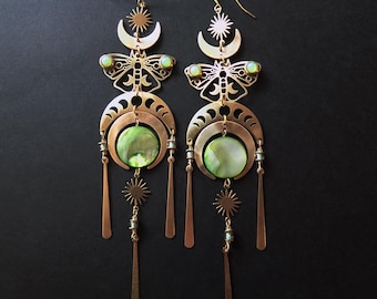 Moon Moth Statement Earrings with Green Opal Glass and Mother of Pearl