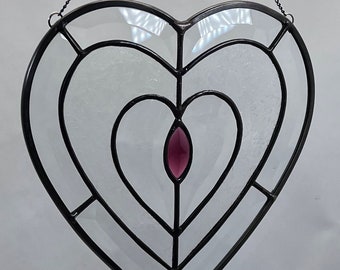 Stained Glass Bevel Heart, 9 1/2" x 9", Faceted Purple Jewel, Hanging, Gift, Wedding, Home Decor, Accent, Custom