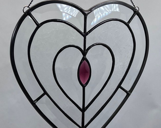 Stained Glass Bevel Heart, 9 1/2" x 9", Faceted Purple Jewel, Hanging, Gift, Wedding, Home Decor, Accent, Custom