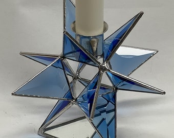 Moravian Star Stained Glass Candle Holder Votive Christmas Ornament Blue Bevel Glass Gift Wedding