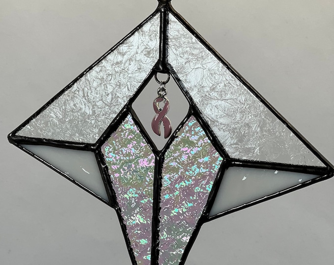 Stained Glass Art Deco Hanging Ornament, Breast Cancer Awareness Charm, Glass Jewel, Gift, Mother's Day, Suncatcher