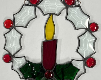 Christmas Wreath Stained Bevel Glass Candle Holly Berries Hanging Ornament Bevel Gift Wedding