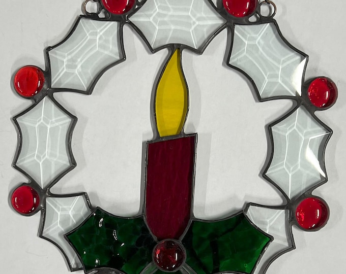 Christmas Wreath Stained Bevel Glass Candle Holly Berries Hanging Ornament Bevel Gift Wedding