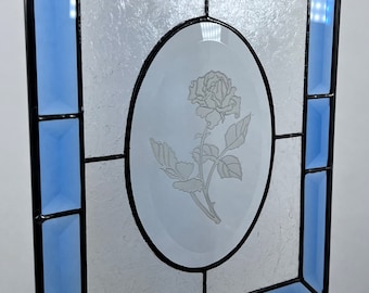 Stained Glass Panel, Rose Etched Bevel Center, Bevel, Gift, Wedding, Hanging, Household, Accent, Window, Rose