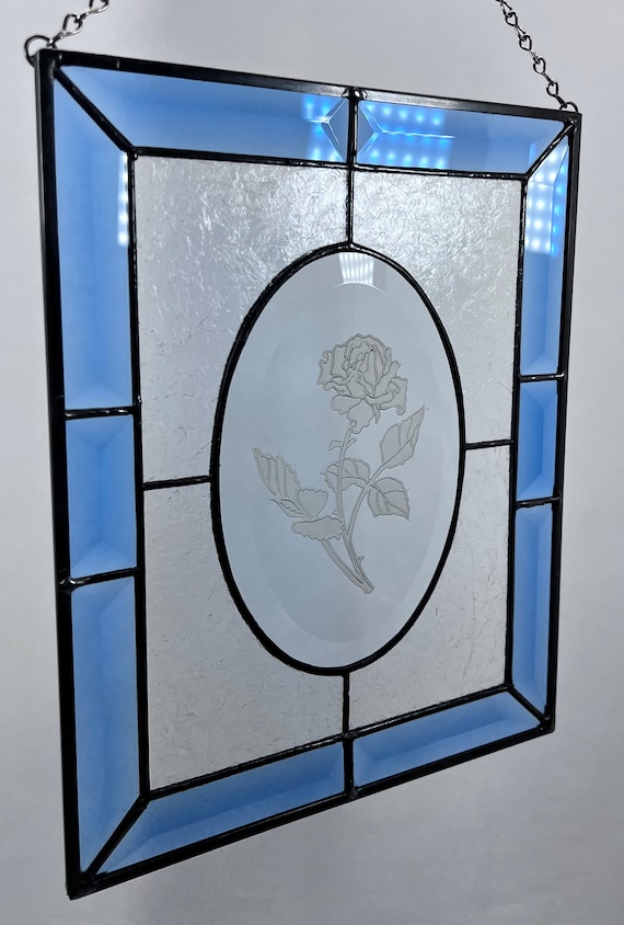 Stained Glass Panel, Rose Etched Bevel Center, Bevel, Gift, Wedding, Hanging, Household, Accent, Window, Rose