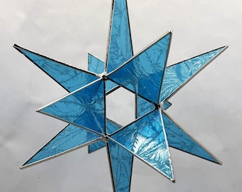 Bethlehem Star Hanging Stained Glass Christmas Ornament 12 point Gift Wedding Moravian Turquoise Glue Chip Suncatcher Advent Gift