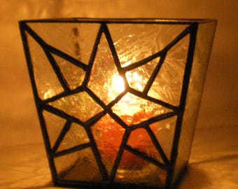 Stained Glass Candle Holder, Square, Glue Chip Glass, Frosted, Candle Shelter, Clear Glass, Gift, Wedding, Moravian Star, Texture Glass