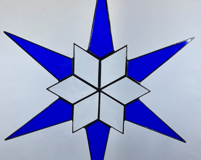 12 Point Flat Stained Glass Star, Christmas, Ornament, Cobalt, Blue, Snowflake, Ornament, Stars, Gift, Wedding, Bevel