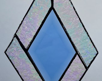 Diamond Suncatcher, Blue Bevel Diamond, Iridescent Textured Glass, Bevel Glass, Gift, Wedding, Ornament, Hanging