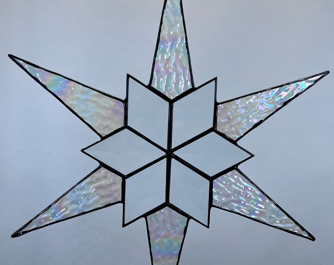 12 Point Flat Stained Glass Star, Christmas, Ornament, Clear Iridescent Textured Glass, Snowflake, Ornament, Stars, Gift, Wedding, Bevel