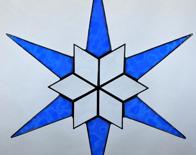 12 Point Flat Stained Glass Star, Christmas, Ornament, Baby Blue Textured Glass, Snowflake, Ornament, Stars, Gift, Wedding