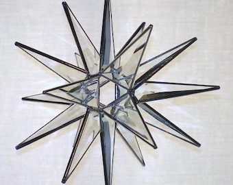 Handmade Clear Bevel Glass Moravian Star – 18 Point Hanging Star – Silver, Black or Copper Trim – 7.5” Holiday Decoration Bethlehem
